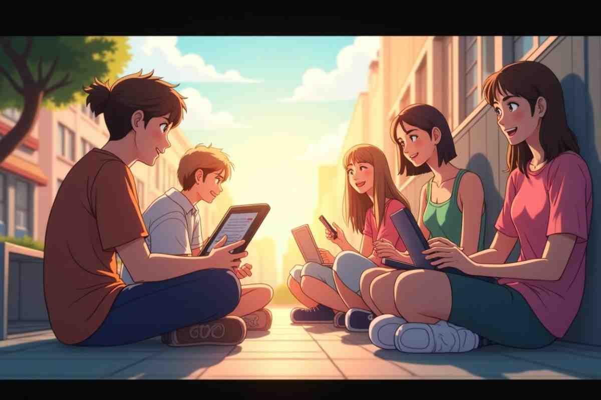 Is WebtoonXYZ Free to Use? Teens reading webcomics on tablets at sunset, enjoying WebtoonXYZ.