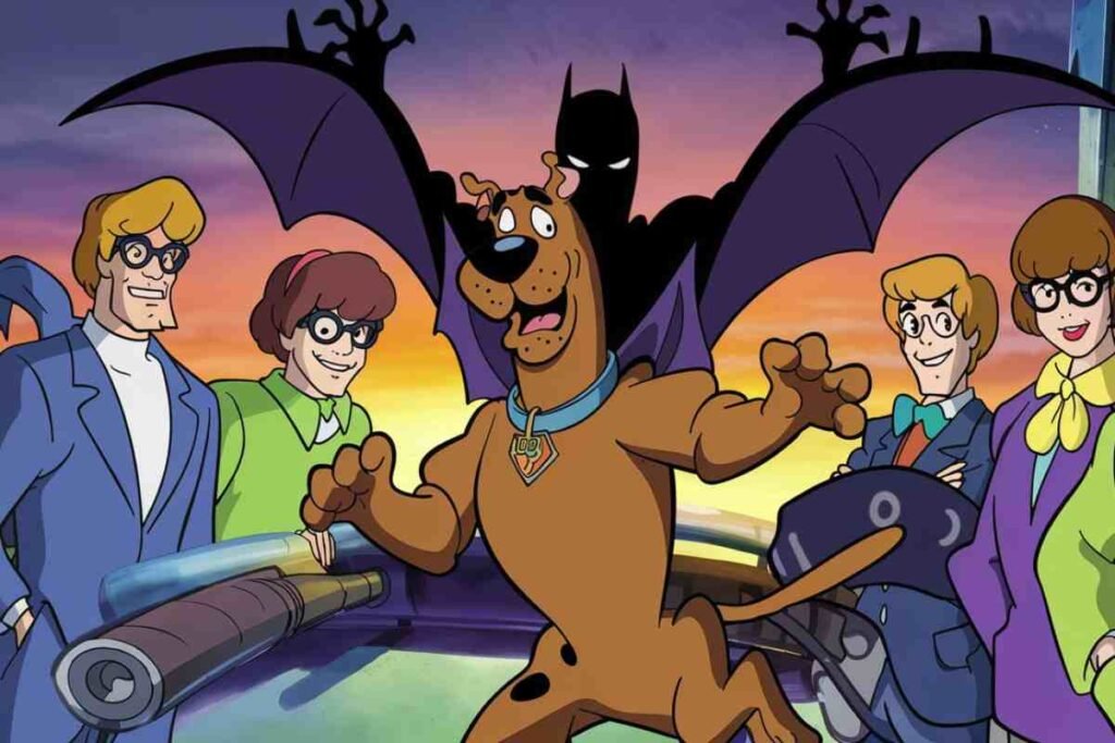 Scooby Doo Unmasked scene with Batman and gang at sunset cartoon moment