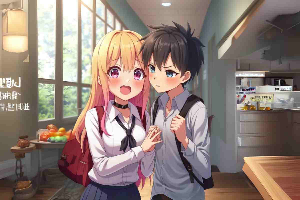 My Dress Up Darling manga couple in a school hallway, holding hands.