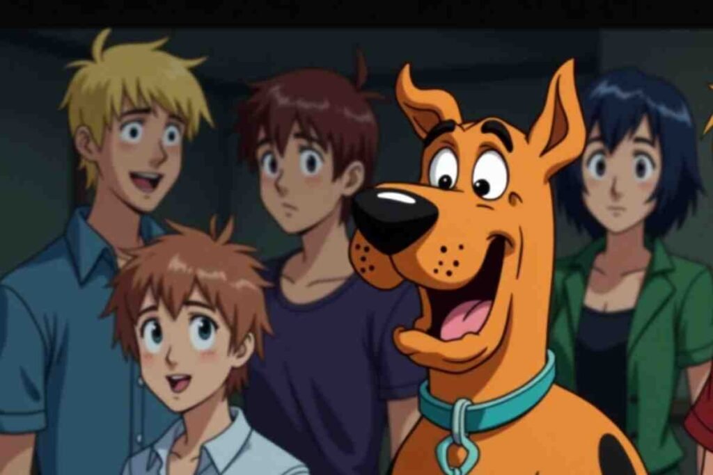 Scooby Doo laughs while Daphne and Shaggy freak out comically