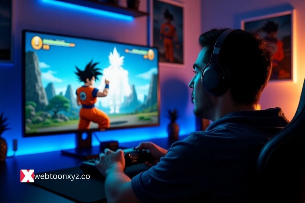 Gamer playing Dragon Ball Sparking Zero El Amigos on screen with Goku in battle stance.