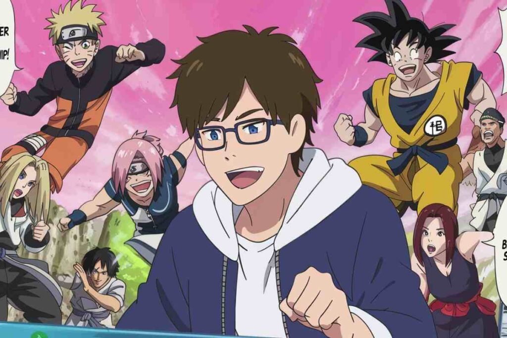 LatAnime fan surrounded by iconic anime characters cheering with excitement