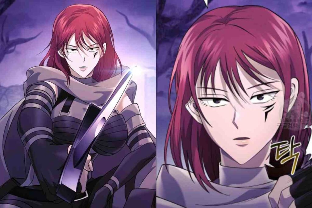 Fierce woman with red hair and a sharp weapon.