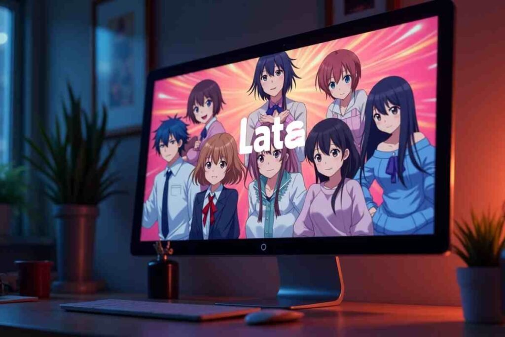 LatAnime anime series displayed on a desktop screen in cozy room setup