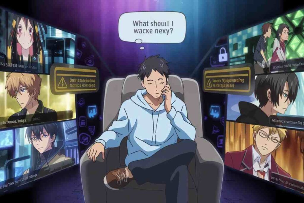 Anime fan choosing what to watch next with LatAnime streaming options