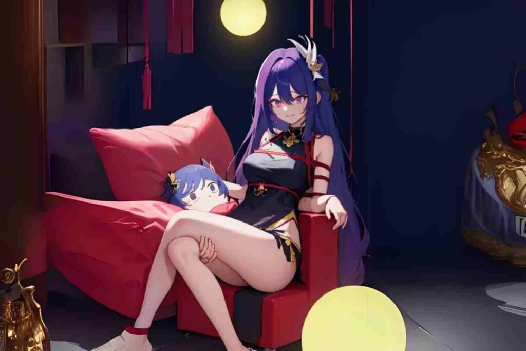 Maplestar My Dress Up Darling character in elegant outfit sitting on red couch