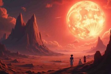 Dragon Ball Z Planet Vegeta landscape with Saiyan figures beneath massive red moon
