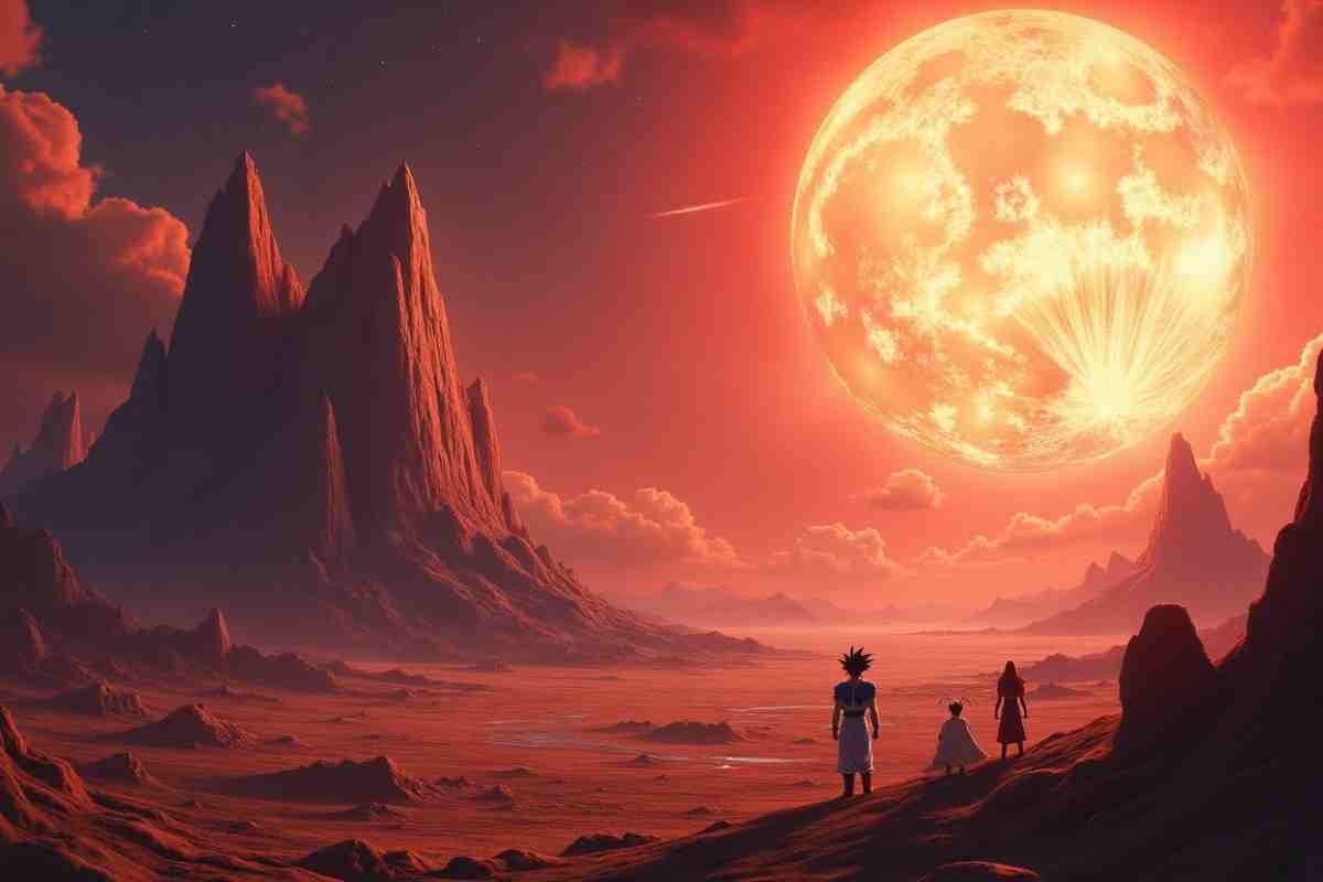 Dragon Ball Z Planet Vegeta landscape with Saiyan figures beneath massive red moon