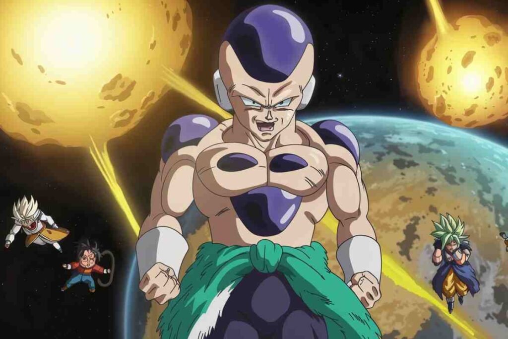 Dragon Ball Z villain Frieza attacks in space with Saiyan warriors around him