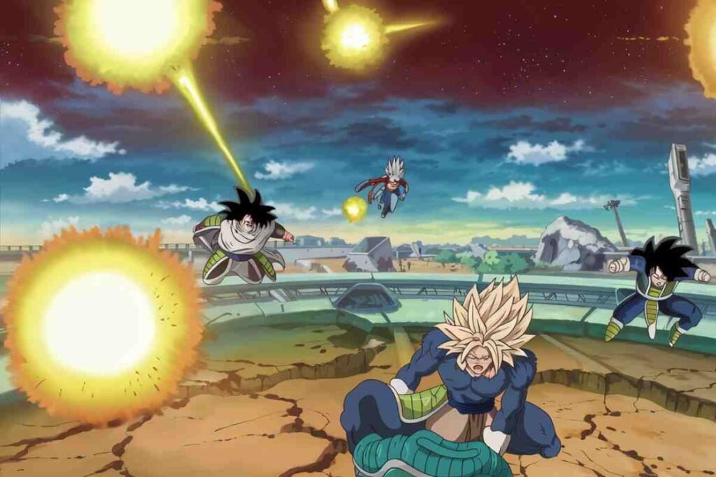 Dragon Ball Z scene showing Planet Vegeta under attack with Saiyan warriors