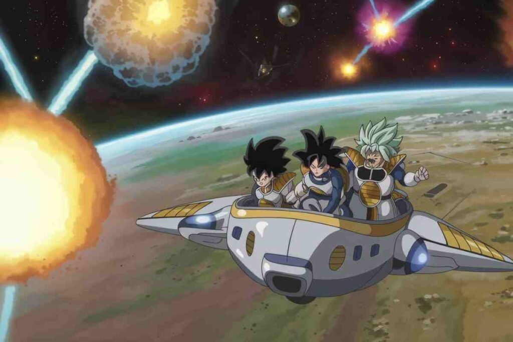 Dragon Ball Z Saiyans escaping Planet Vegeta amid space explosions in a pod