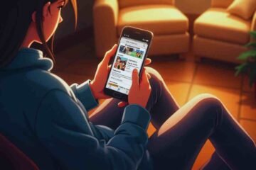 Person reading comics on WebtoonXYZ app while relaxing at home