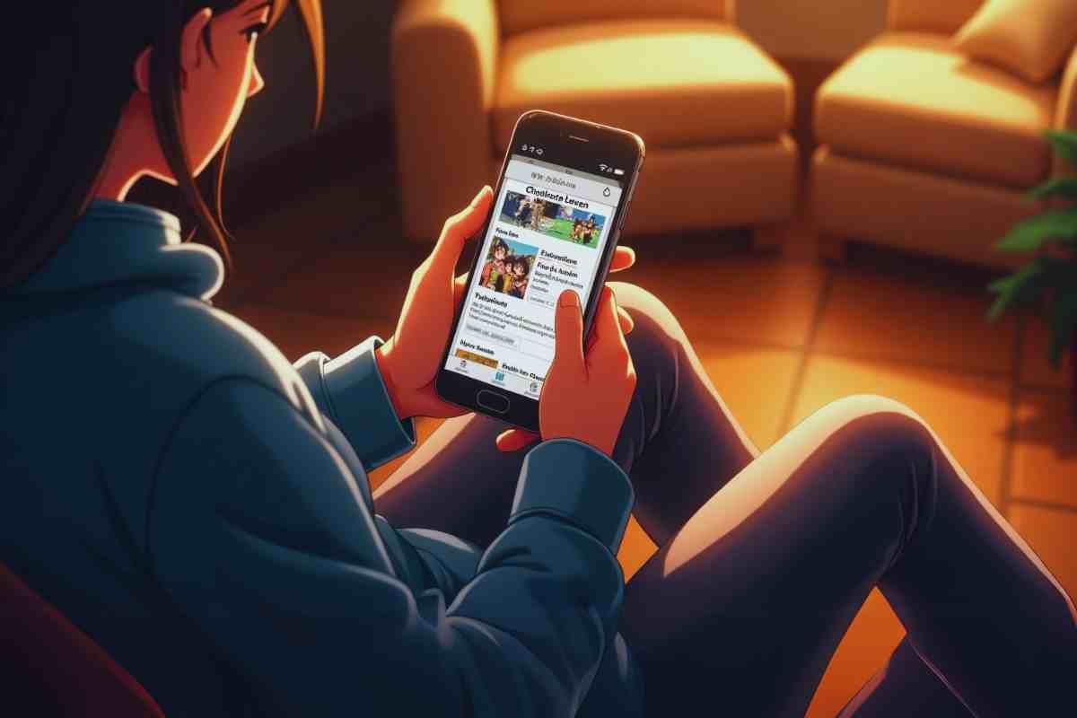 Person reading comics on WebtoonXYZ app while relaxing at home