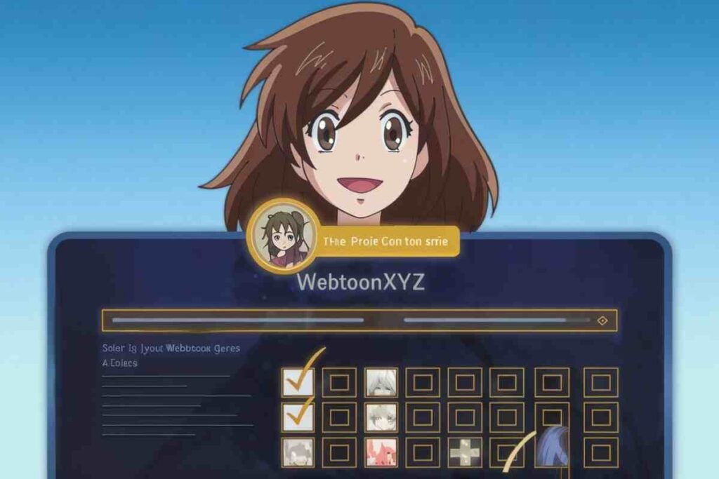 Anime girl happily signing up on WebtoonXYZ platform online easily