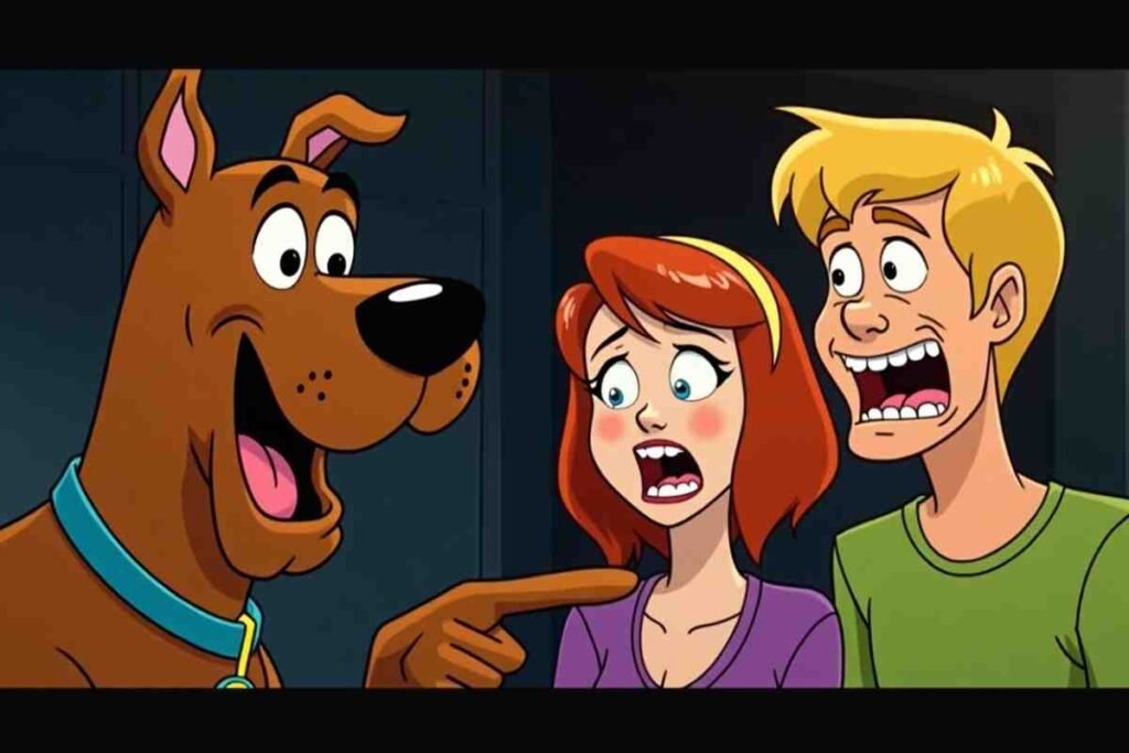 Cartoon Scooby Doo roasting his friends with exaggerated faces