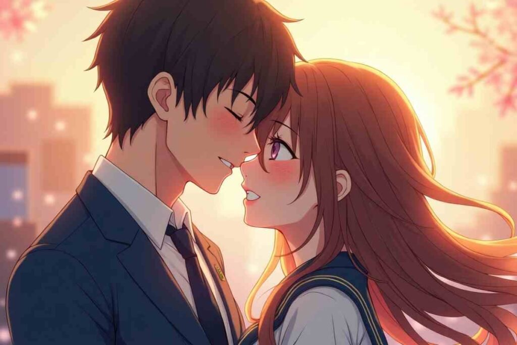 Romantic anime couple sharing an intimate moment at sunset.