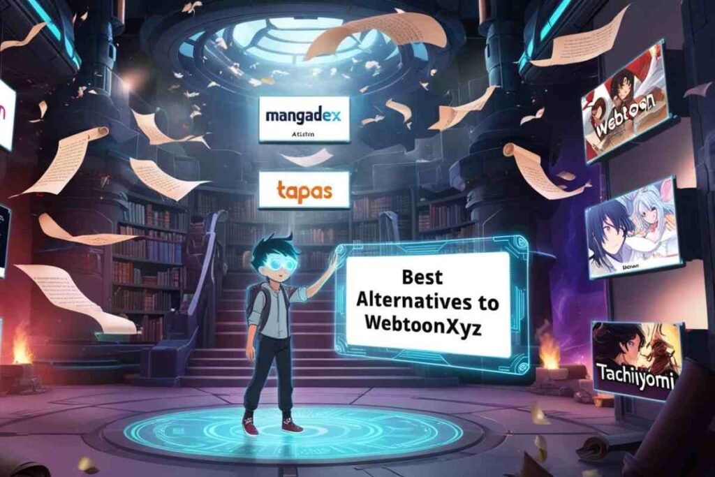 Futuristic anime scene showing best WebtoonXYZ alternative platforms.
