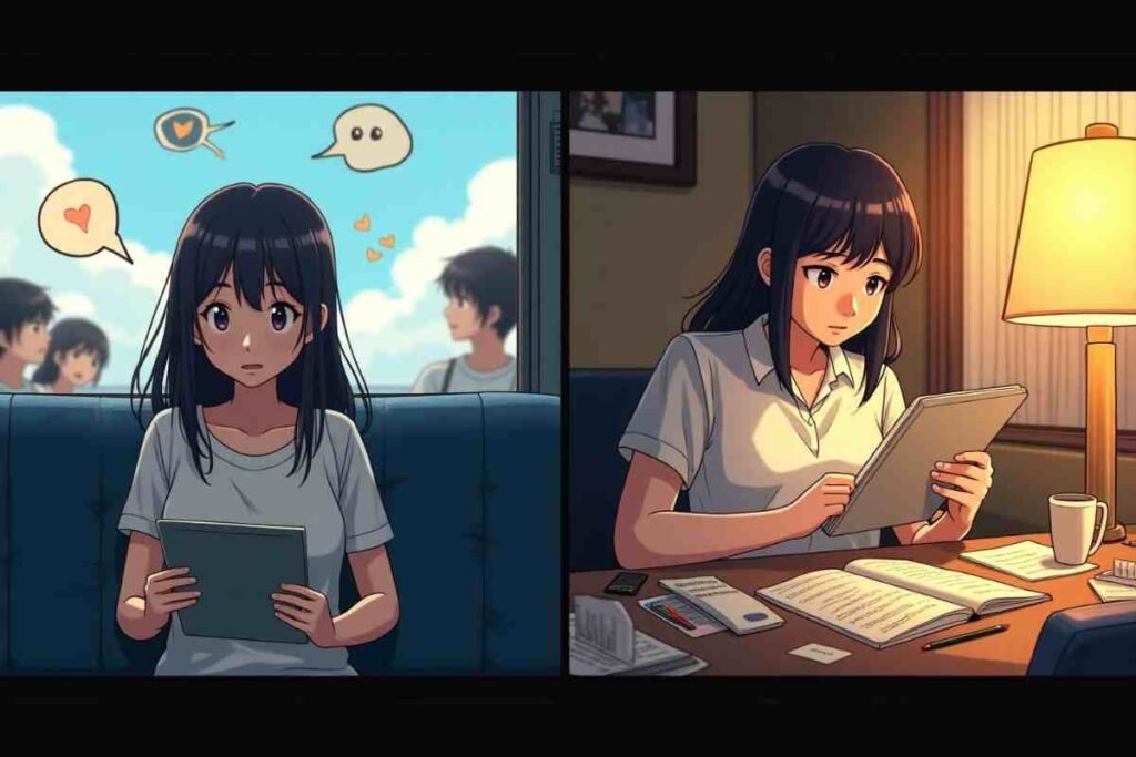 Anime girl reading on tablet with expressions, inspired by WebtoonXYZ app