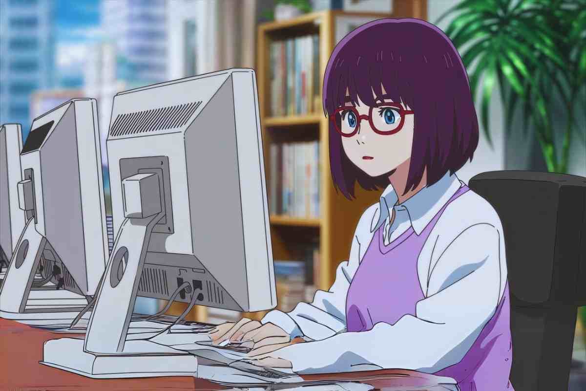 Anime girl typing on a computer, searching how to sign up on WebtoonXYZ