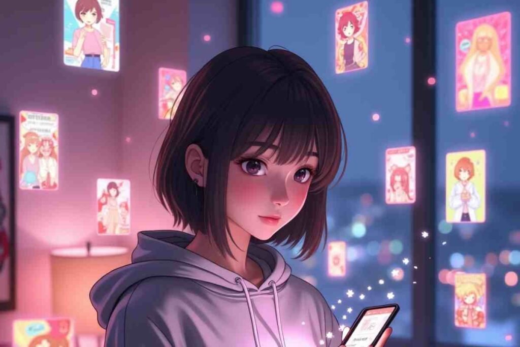 Anime girl with short hair using phone in a dreamy, colorful room