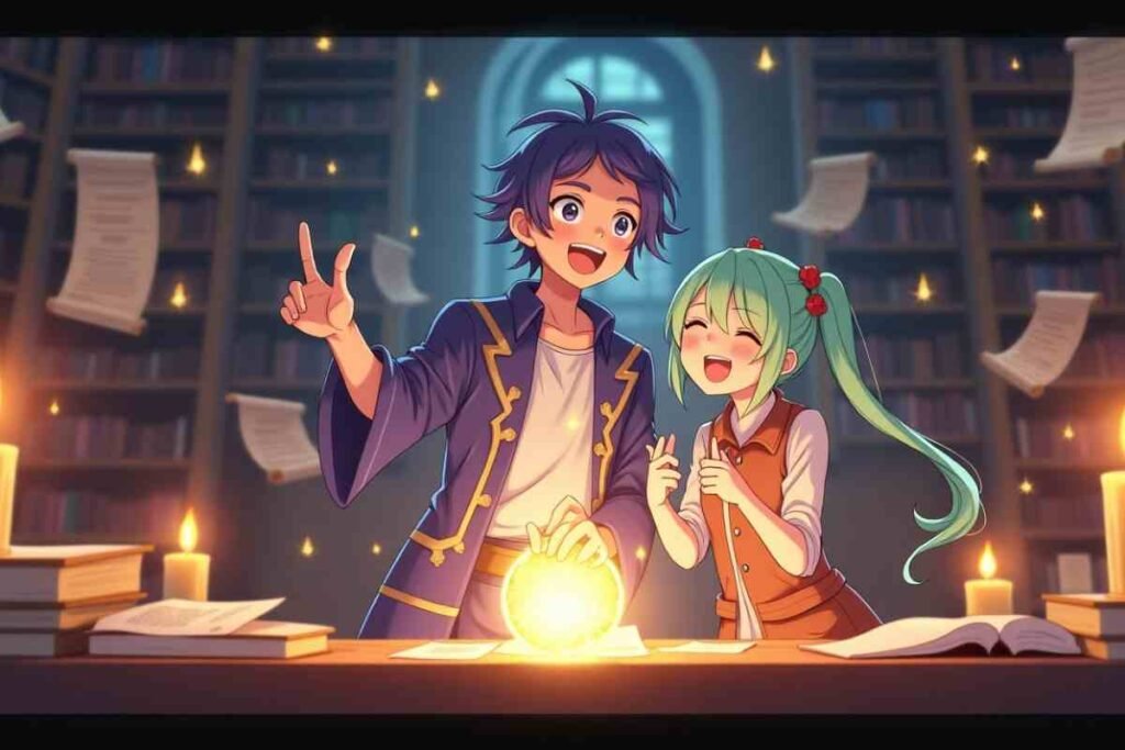 Watching Wise Man's Grandchild characters practicing magic in an enchanted library scene from the novel
