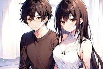A romantic anime couple sharing a tender moment in a warm, cozy setting.