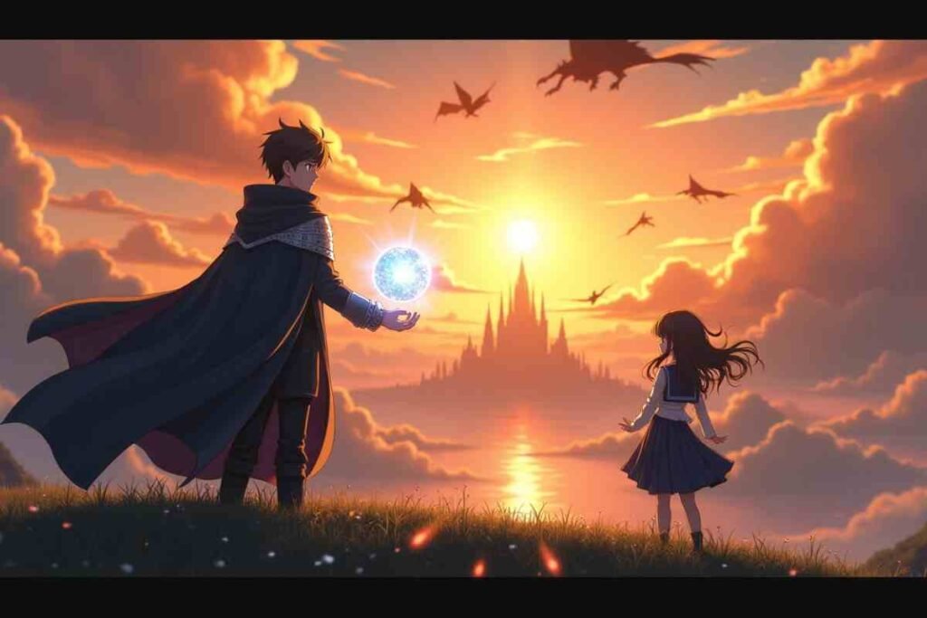 Wise Man's Grandchild novel scene with Shin showing magic to Sicily against sunset castle
