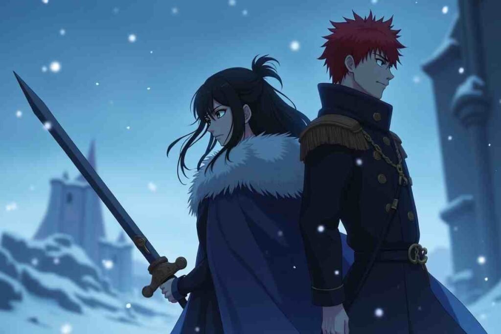 Warriors facing the age of arrogance in winter anime scene with sword and castle