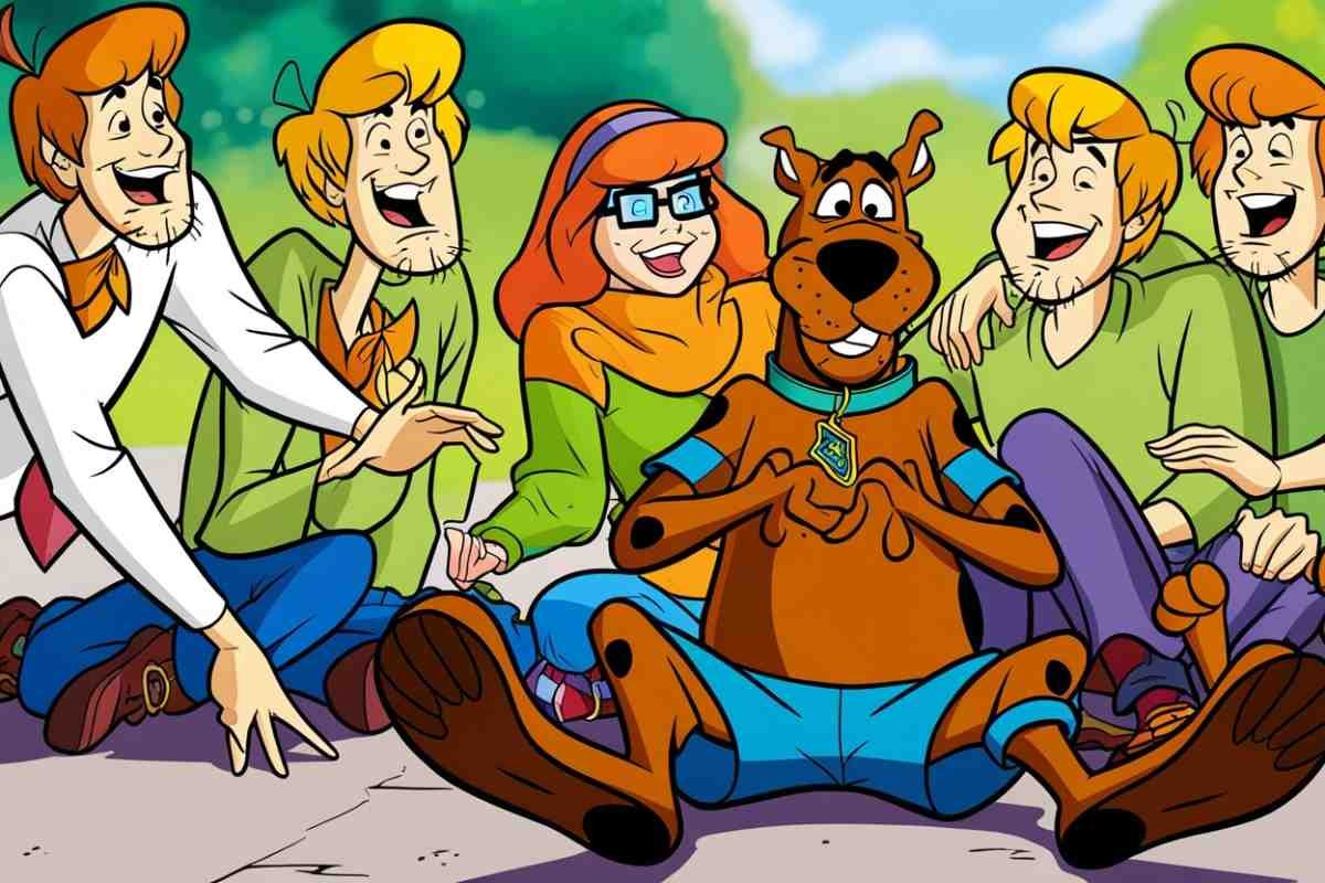 Scooby Doo laughing with Mystery Inc. gang members smilling in outdoor scene