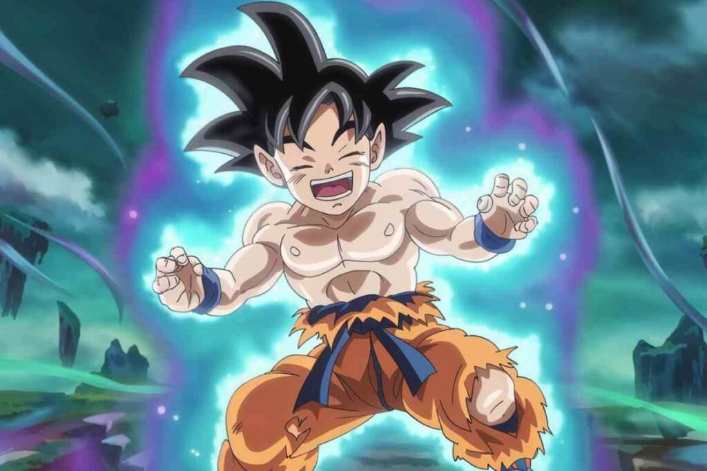 Young Goku with spiky black hair surrounded by turquoise aura in Dragon Ball series
