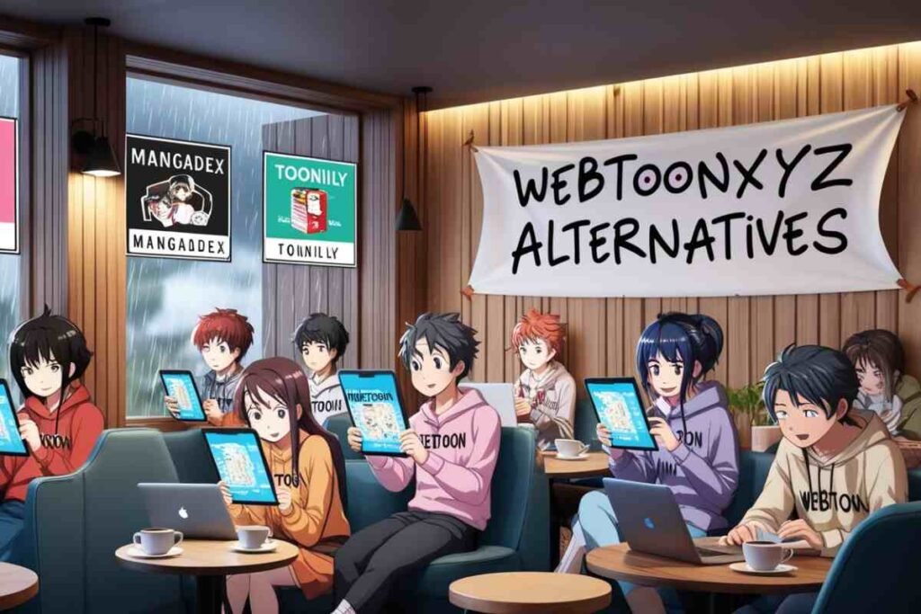 Anime fans reading manga on tablets in a cafe for WebtoonXYZ alternatives.