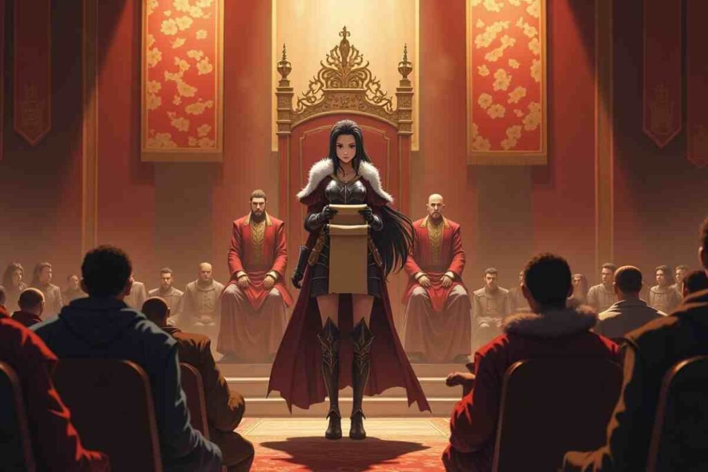 Royal decree in the age of arrogance anime scene with imperial throne room