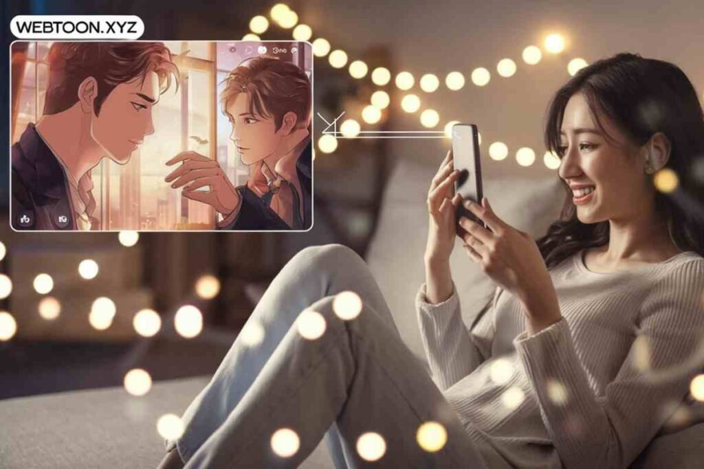 Woman reading manhwa on phone from Webtoon.xyz.