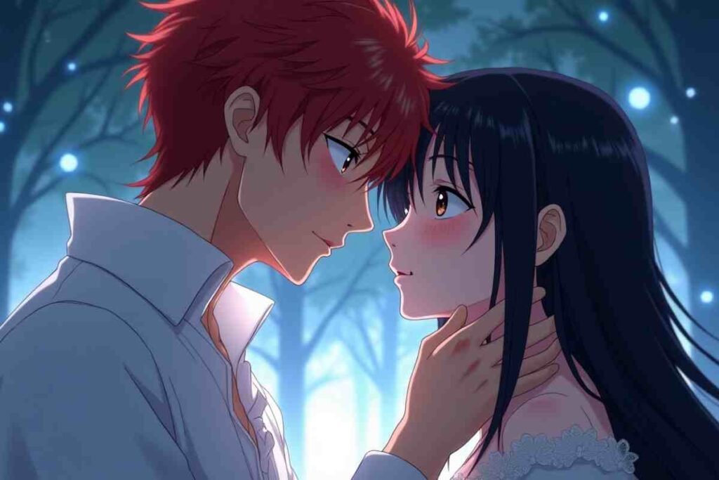 Lovers defying the age of arrogance depicted in moonlit anime romance scene