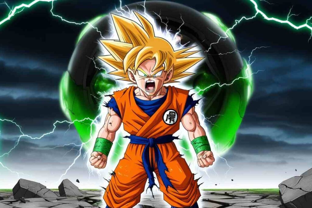 Super Saiyan Gohan powers up with an electric green aura in an iconic Dragon Ball stance, reminiscent of his intense battle in Dragon Ball Z Gohan vs Cell.