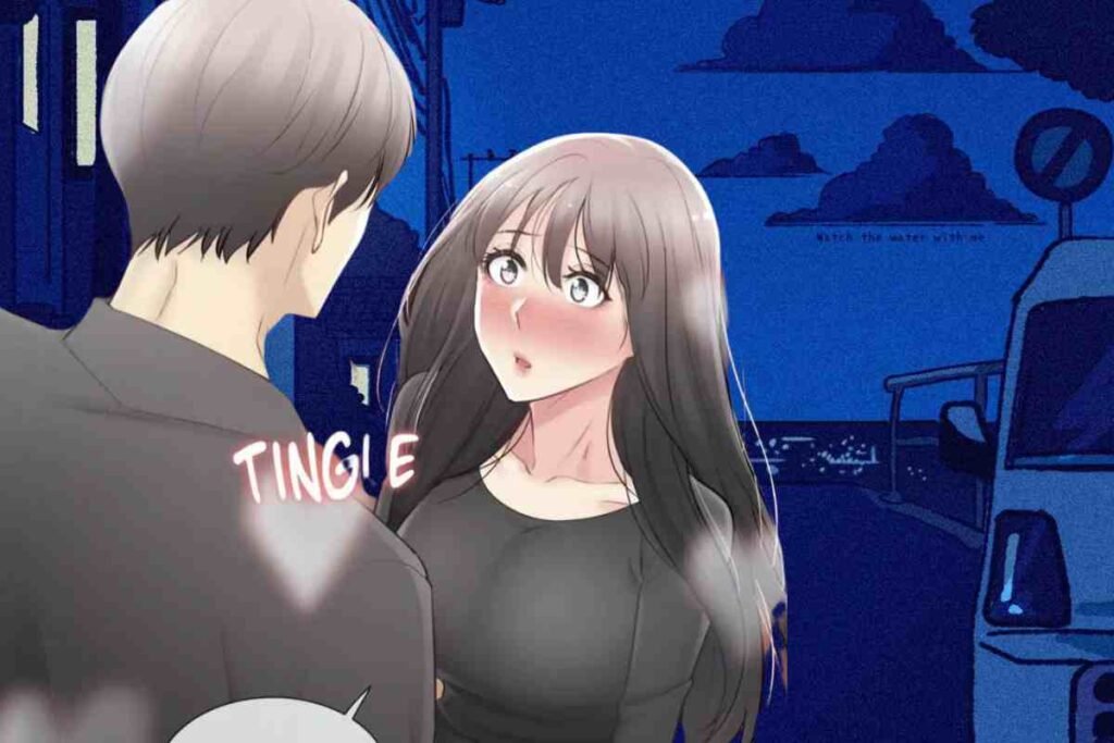 Blushing anime girl reacts to sudden touch in romantic night scene.