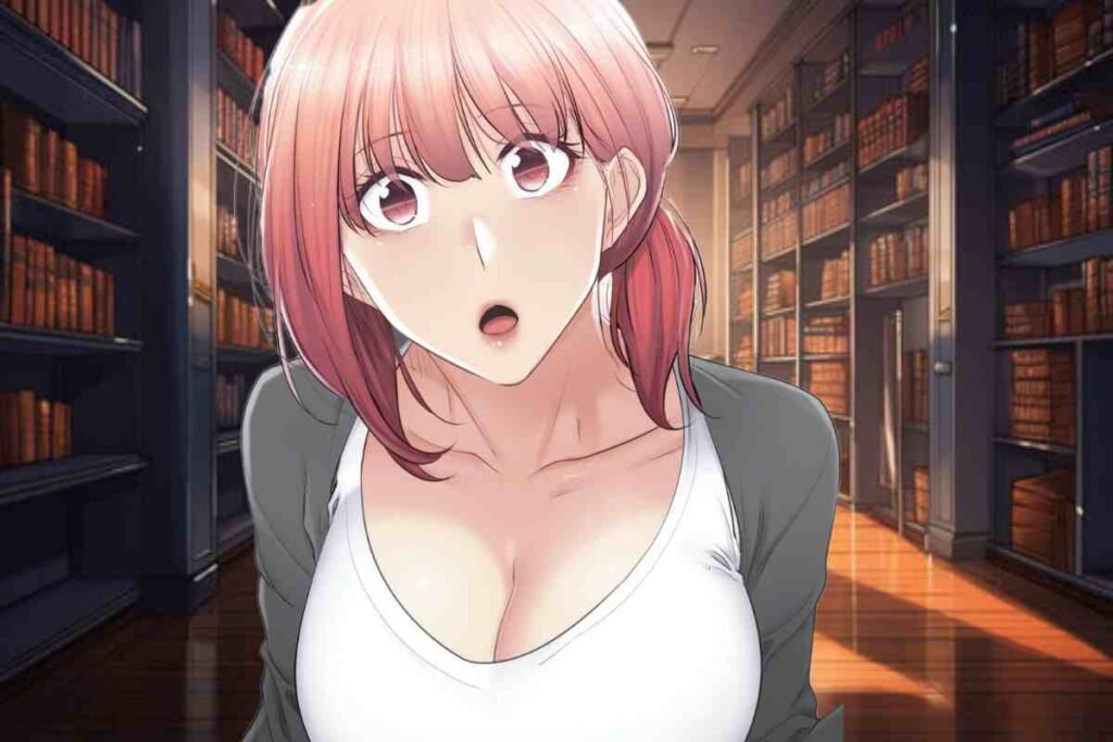 Surprised anime woman in a library with open mouth and wide eyes.