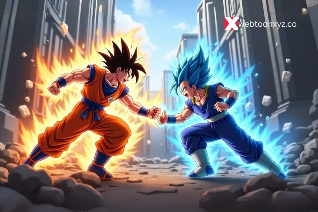 Dragon Ball Sparking Zero El Amigos fight scene with two warriors Goku and Vegeta clashing in a city ruins.