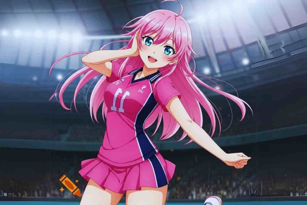 Anime girl athlete with pink hair in volleyball uniform.