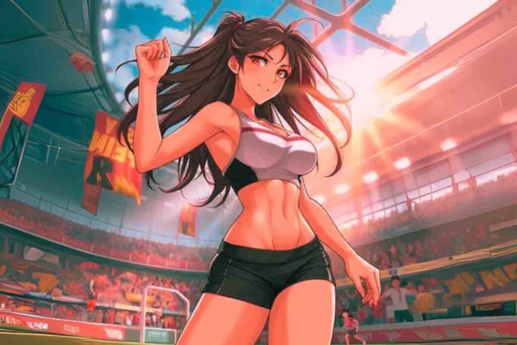 Anime girl athletes on track, celebrating victory.
