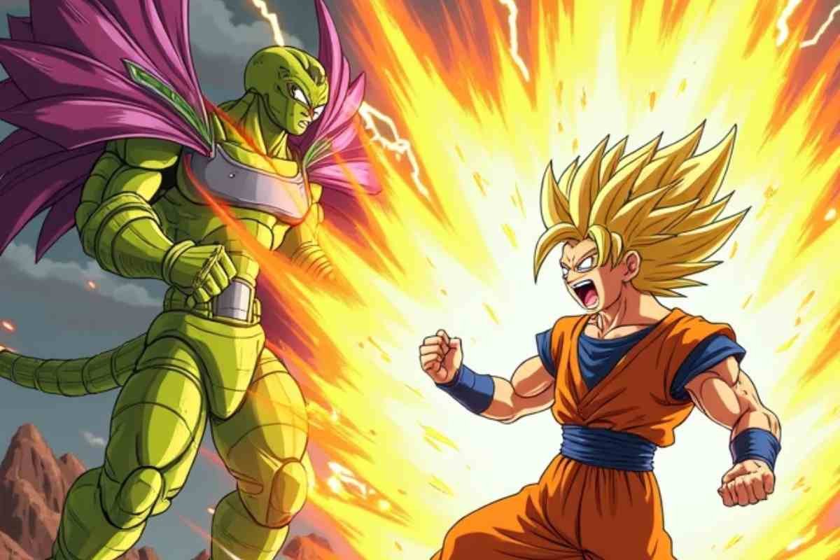 Super Saiyan Gohan faces off against a powerful alien warrior in an explosive battle, similar to his iconic fight in Dragon Ball Z Gohan vs Cell.