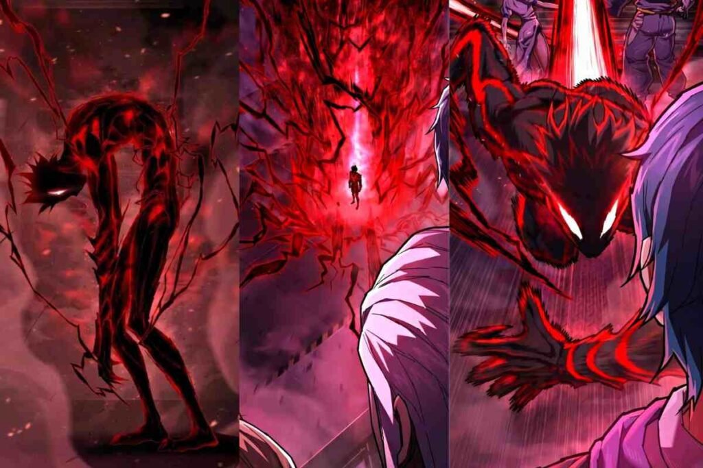 Dark transformation scene from The Executioner Manhwa with red energy surge.