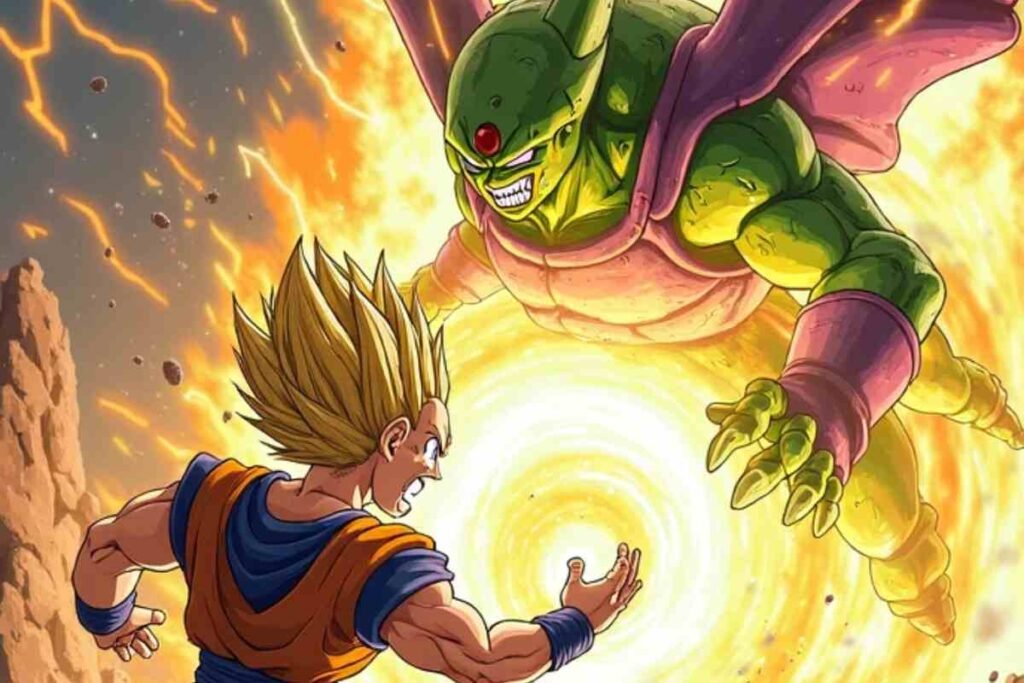Dragon Ball Z battle scene featuring Super Saiyan versus villain with energy blast