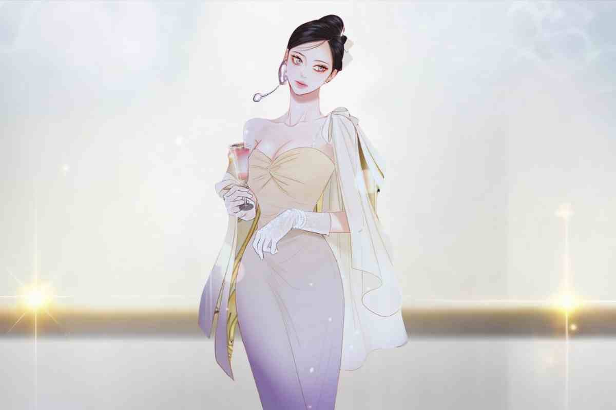 Serena Manhwa character in elegant gown with drink.