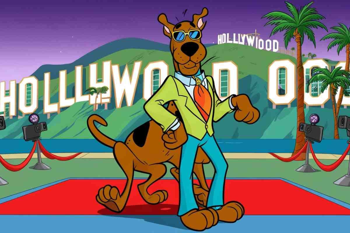 Scooby Doo in stylish suit posing on red carpet with Hollywood sign backdrop