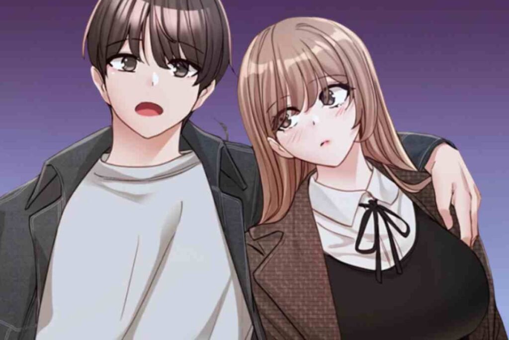 Anime couple closeup in webtoonxyz circles surprised man, blushing woman.
