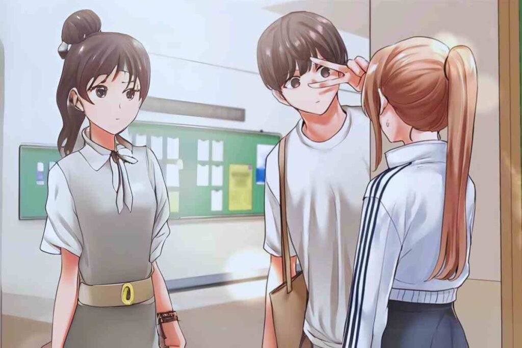 Three animated students in a hallway, one making a peace sign.
