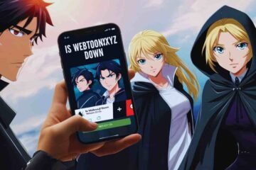 Anime characters looking at a phone displaying IS WEBTOONXYZ DOWN.