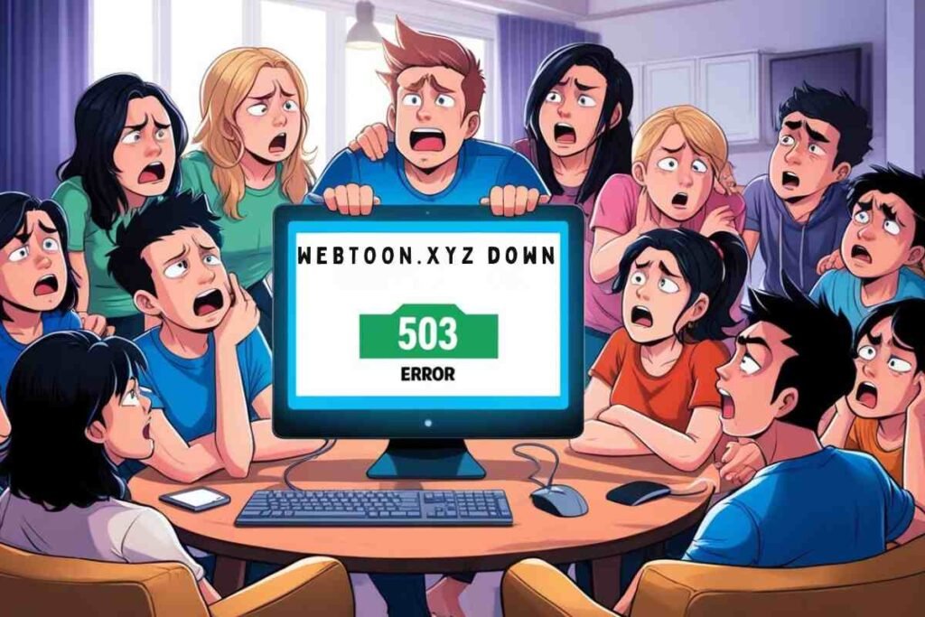 Shocked cartoon crowd around a computer displaying WEBTOONXYZ DOWN and 503 Error