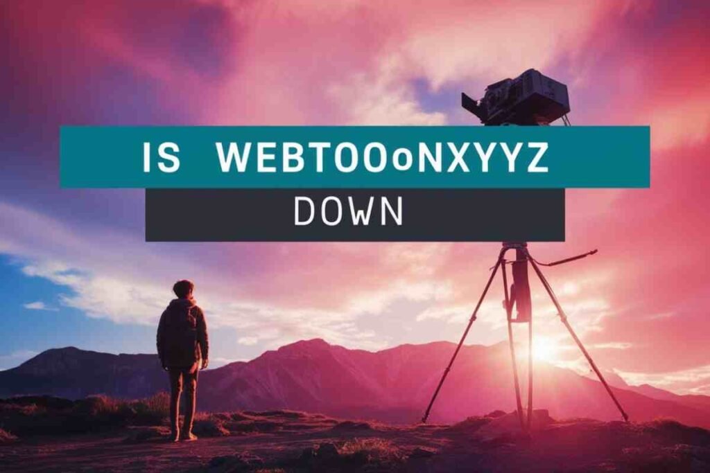 Text IS WEBTOONXYZ DOWN with a person and camera at sunset.